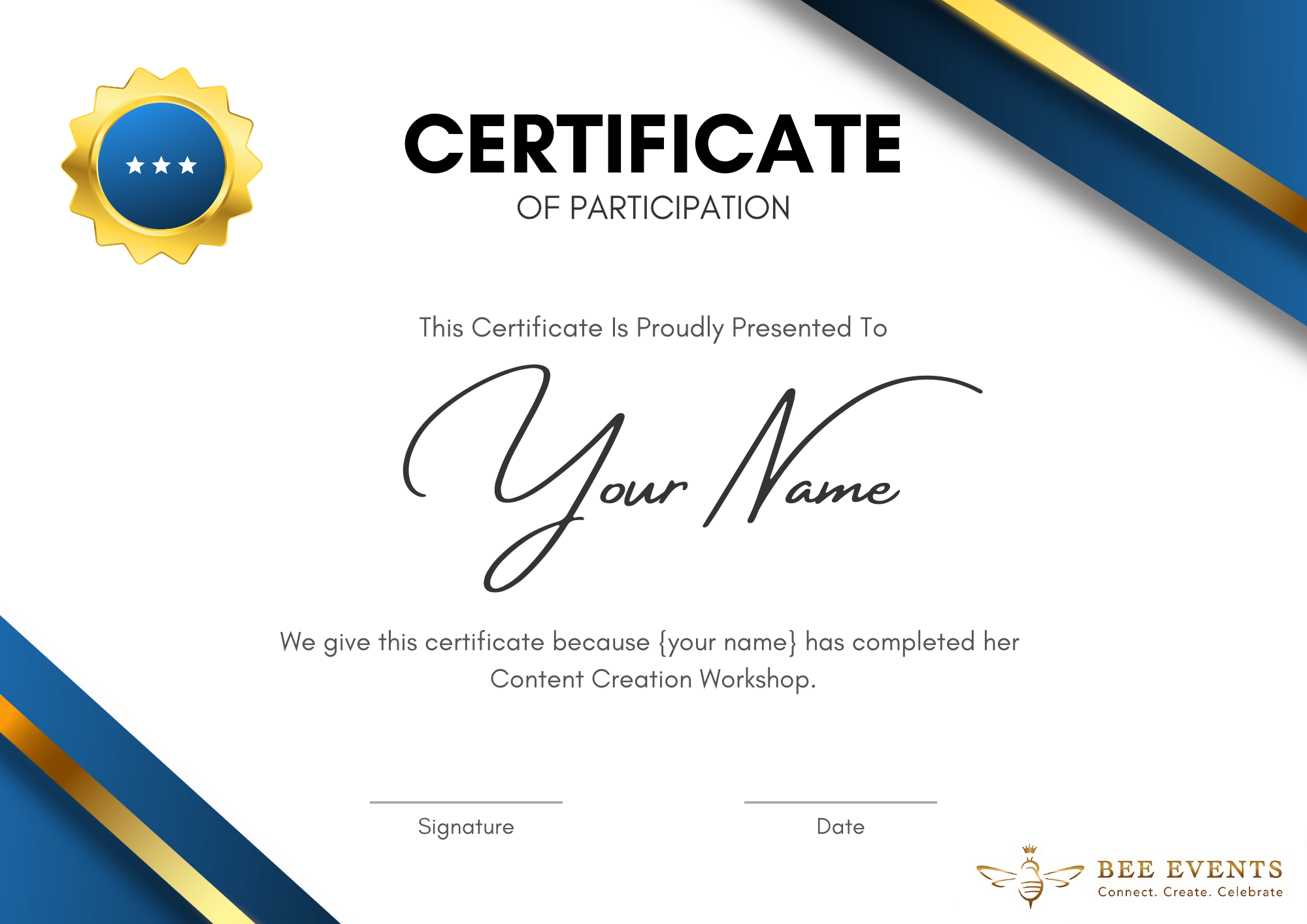 Blue & Gold Elegant Certificate Of Participation